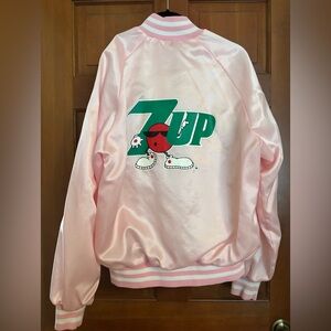 Bomber jacket. Vintage Pink 7UP Satin Bomber Jacket. Size M. Made in the USA.